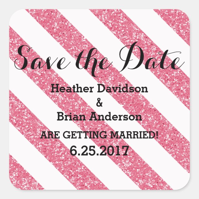Pink Glitter Look Stripes Save the Date Stickers (Front)