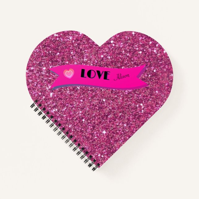 Pink Glitter LOVE Cute Heart Valentine's Day Girly Notebook (Front)