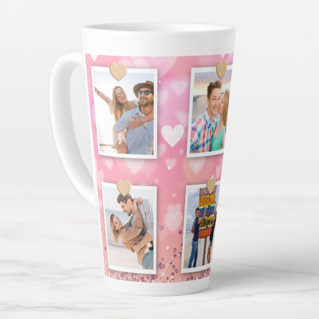 Pink Glitter Love Heart 6 Photo Modern Latte Mug (Left Angle)