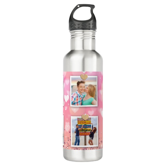 Pink Glitter Love Heart 6 Photo Modern Stainless Steel Water Bottle (Front)