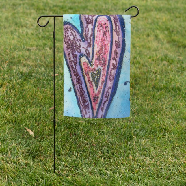 Pink Glitter Love Hearts Art Garden Flag (In SItu)