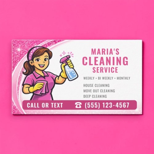 Pink Glitter Maid House Cleaning Service Business Card