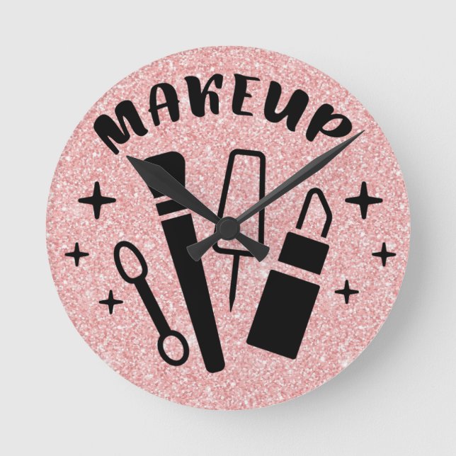 Pink Glitter Makeup Themed Salon Round Clock (Front)