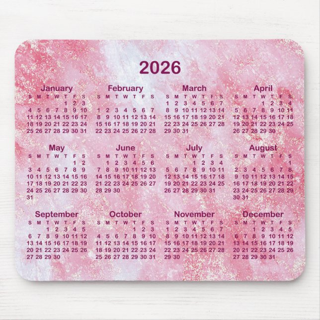 Pink Glitter Marble 2026 Calendar Mouse Pad (Front)