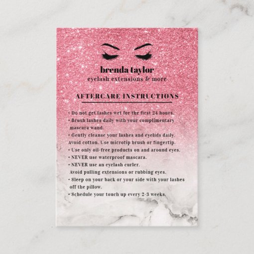 Pink Glitter Marble Aftercare Instructions Business Card Zazzle