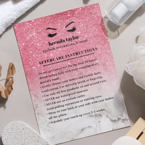 PInk Glitter Marble Aftercare Instructions Business Card