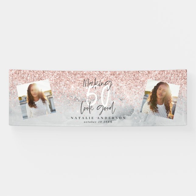 Pink glitter marble making 50 look good birthday banner (Horizontal)