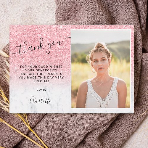 Pink glitter marble ombre 3 photos Sweet 16 Thank You Card