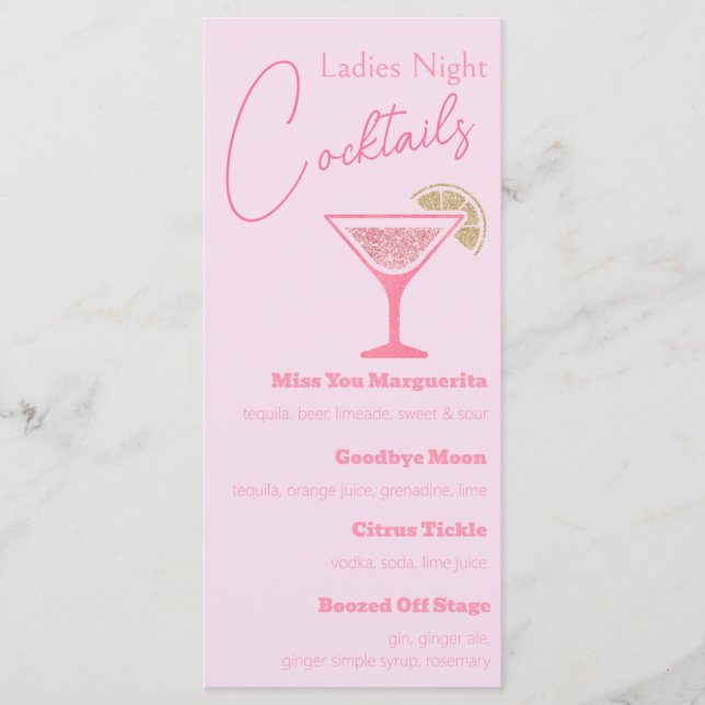 Pink Glitter Martini Ladies Night Cocktail Party Menu (Front)