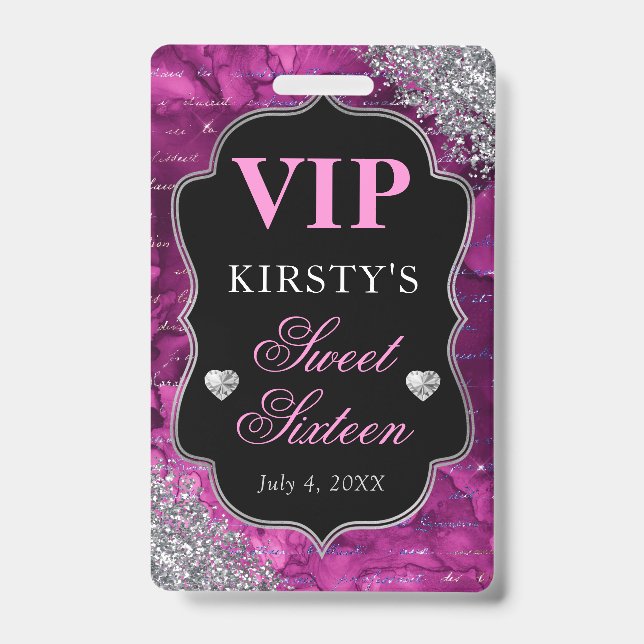 Pink Glitter Mermaid Letters Sweet Sixteen VIP Badge (Front)