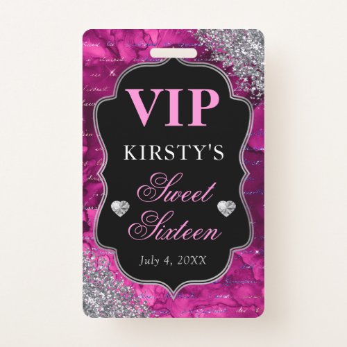 Pink Glitter Mermaid Letters Sweet Sixteen VIP Badge