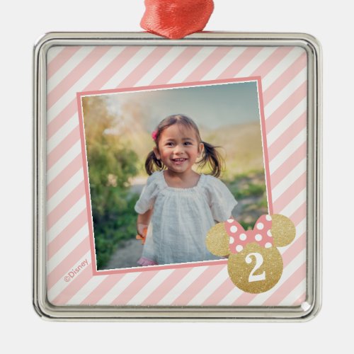 Pink Glitter Minnie Icon with Photo Metal Ornament - Celebrate the Holiday's with this super cute faux glitter Minnie ornament. Personalize this ornament by adding your favorite photo and your child's age.