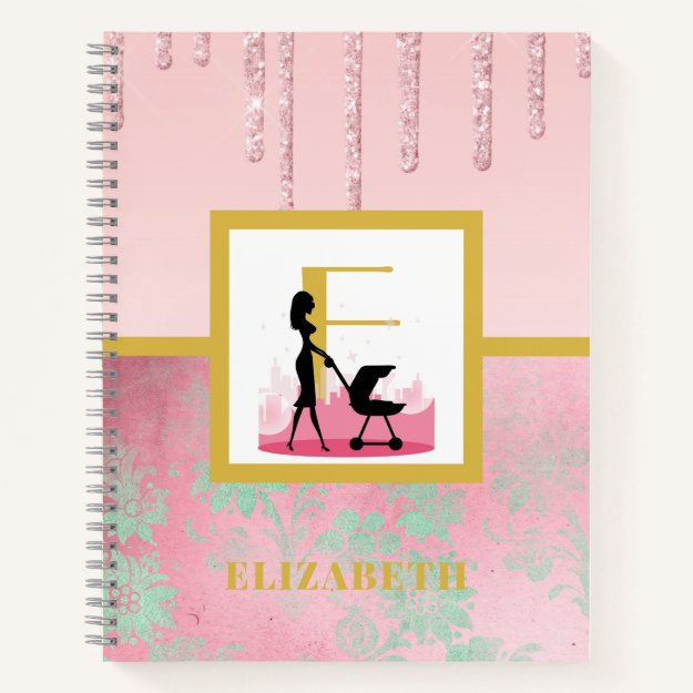 Pink Glitter Mint Green New Baby Mother Monogram Notebook