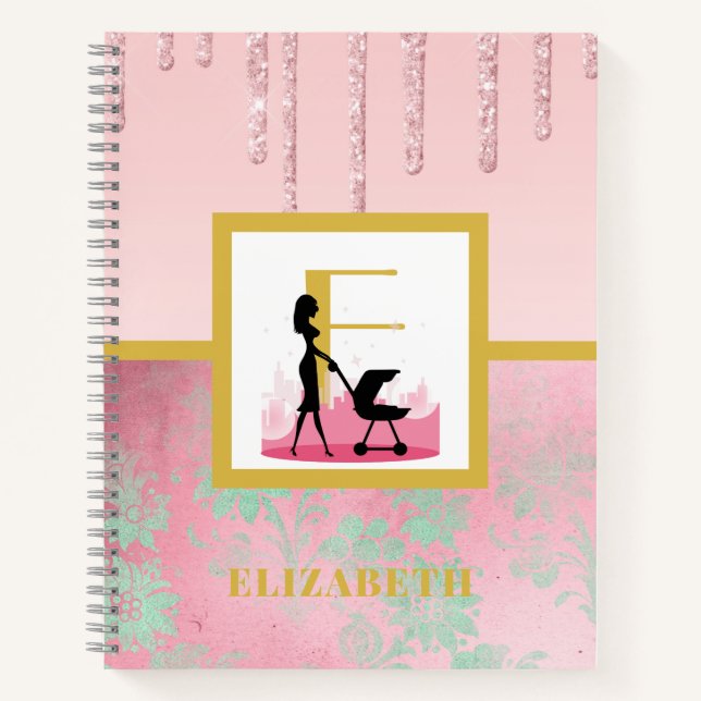 Pink Glitter Mint Green New Baby Mother Monogram Notebook (Front)
