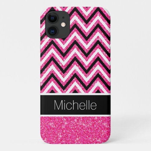 Pink Glitter Modern Black Chevron iPhone 11 Case