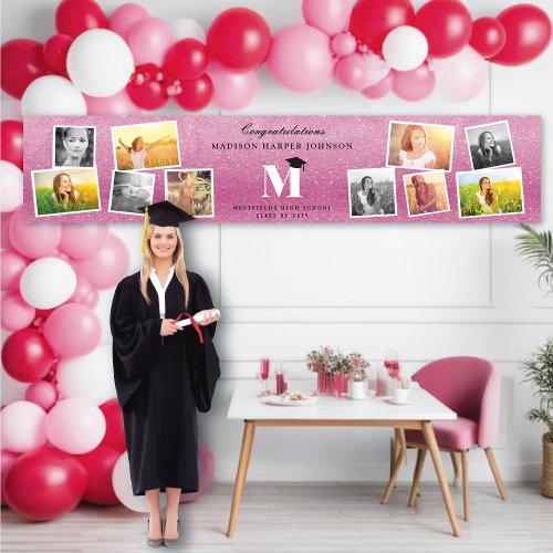 Pink Glitter Monogram 10 Photo Graduation Party Banner