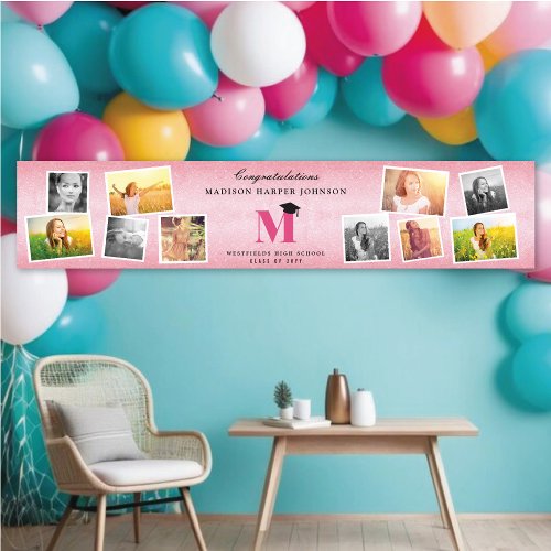 Pink Glitter Monogram 10 Photo Graduation Party Banner