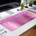 Pink Glitter Monogram Desk Mat<br><div class="desc">Custom monogram desk mat featuring pink faux glitter dripping on a pink faux brushed metallic background. Personalize with your name in an elegant white script with swashes.</div>