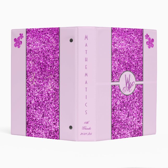 Pink Glitter Monogram Flowers School Subject Mini Binder (Background)
