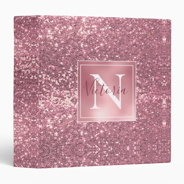 Pink Glitter Monogram Name 3 Ring Binder (Front/Spine)