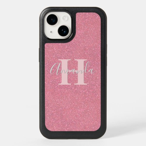 Pink glitter monogram name OtterBox iPhone 14 case