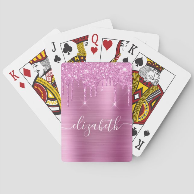 Pink Glitter Monogram Poker Cards (Back)