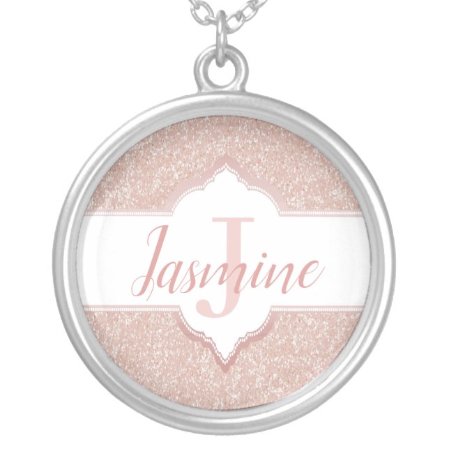 Pink Glitter Monogram Silver Plated Necklace (Front)