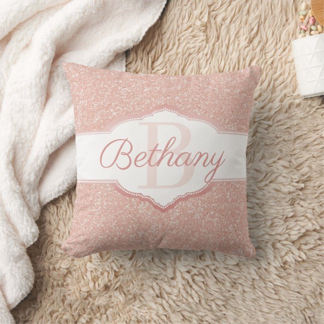 Pink Glitter Monogram Throw Pillow (Blanket)