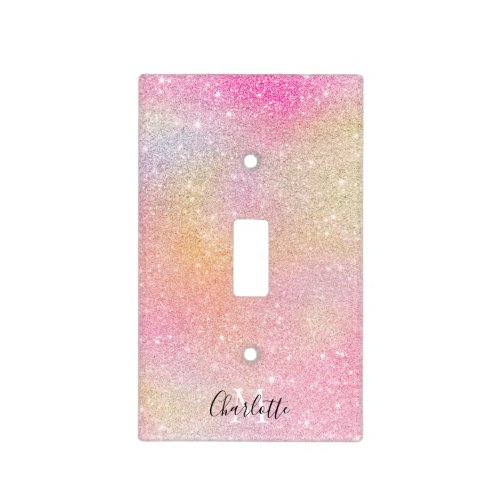 Pink glitter monogram unicorn rainbow sparkles light switch cover