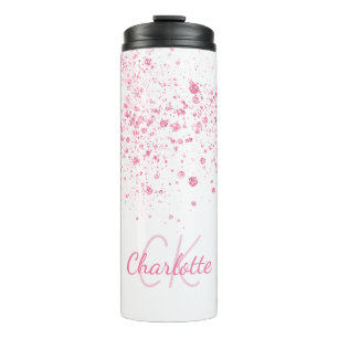 Pink glitter monogram white thermal tumbler