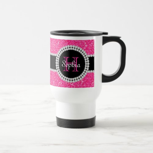 Pink Glitter Monogrammed Commuter Coffee Mug