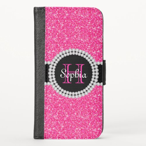 Pink Glitter Monogrammed iPhone X Wallet Case