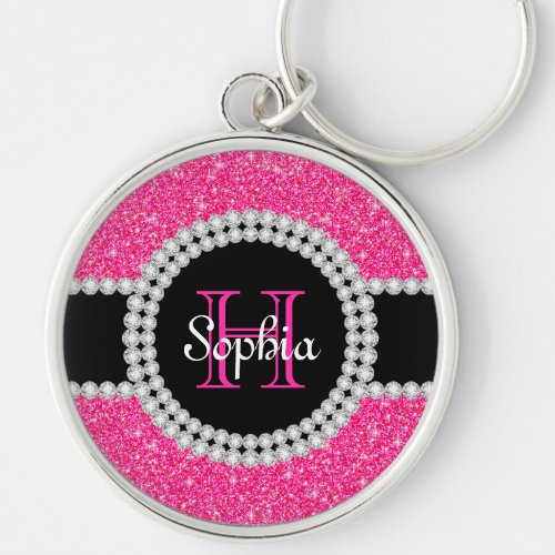 Pink Glitter Monogrammed Round Keychain