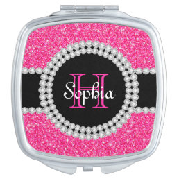Pink Glitter Monogrammed Square Compact Mirror