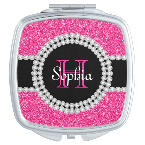 Pink Glitter Monogrammed Square Compact Mirror