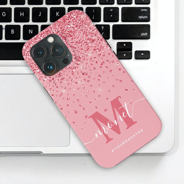 Pink Glitter Monogrammed Stylish Script Name Case-Mate iPhone Case (Creator Uploaded)