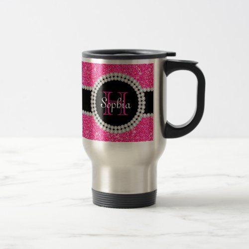 Pink Glitter Monogrammed Travel Coffee Mug