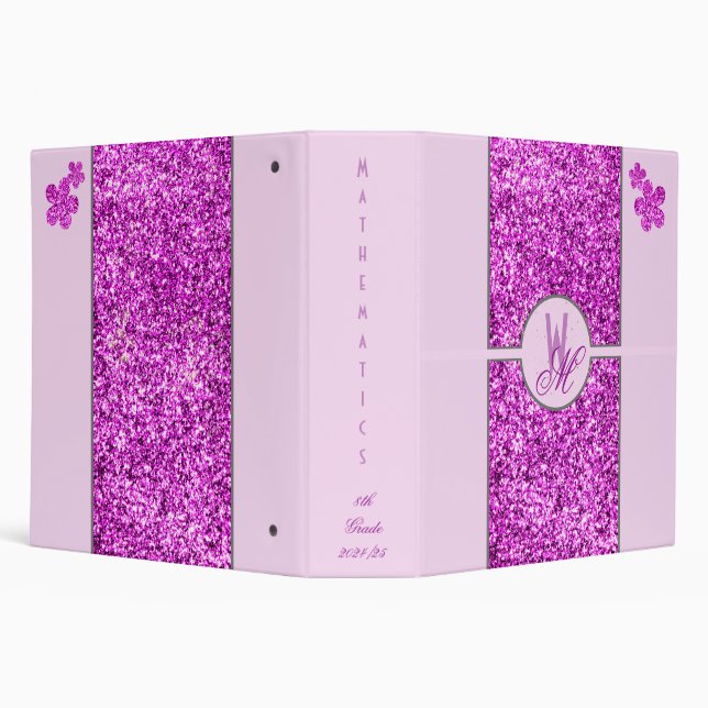 Pink glitter Monogrammed with Flowers - School 3 Ring Binder (Background)