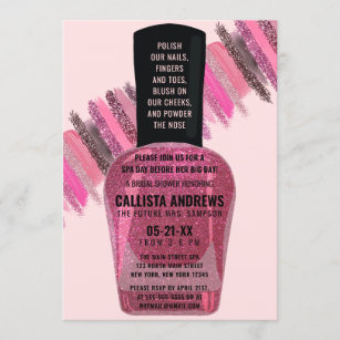 Pink Glitter Nail Polish Spa Day Bridal Shower Invitation