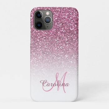 Pink Glitter  Name And Monogram  Girly Iphone 11 Pro Case by CoolestPhoneCases at Zazzle