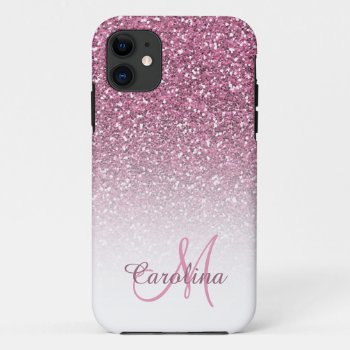 Pink Glitter  Name And Monogram  Girly Iphone 11 Case by CoolestPhoneCases at Zazzle