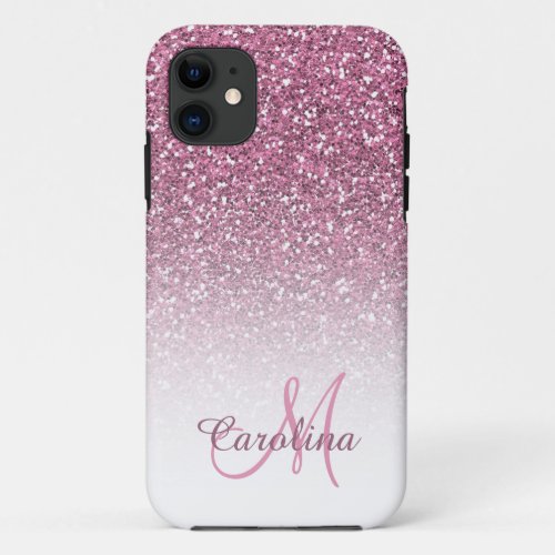 Pink Glitter Name and Monogram Girly iPhone 11 Case