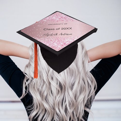 Pink glitter name school graduation cap topper