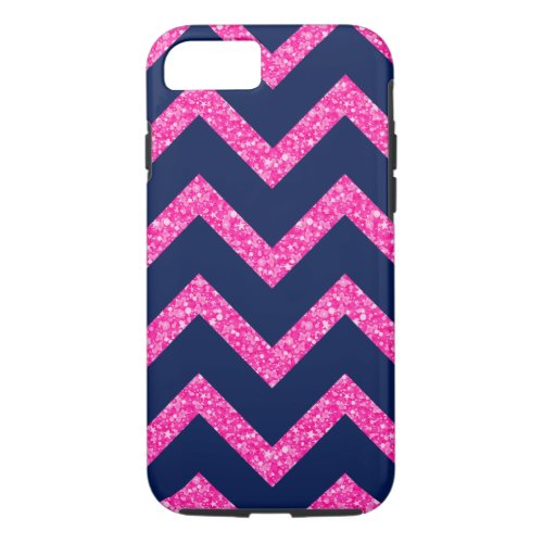 Pink Glitter  Navy Blue Chevron Zigzag Pattern iPhone 87 Case
