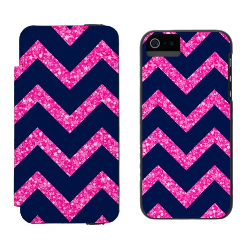 Pink Glitter  Navy Blue Chevron Zigzag Pattern Wallet Case For iPhone SE55s
