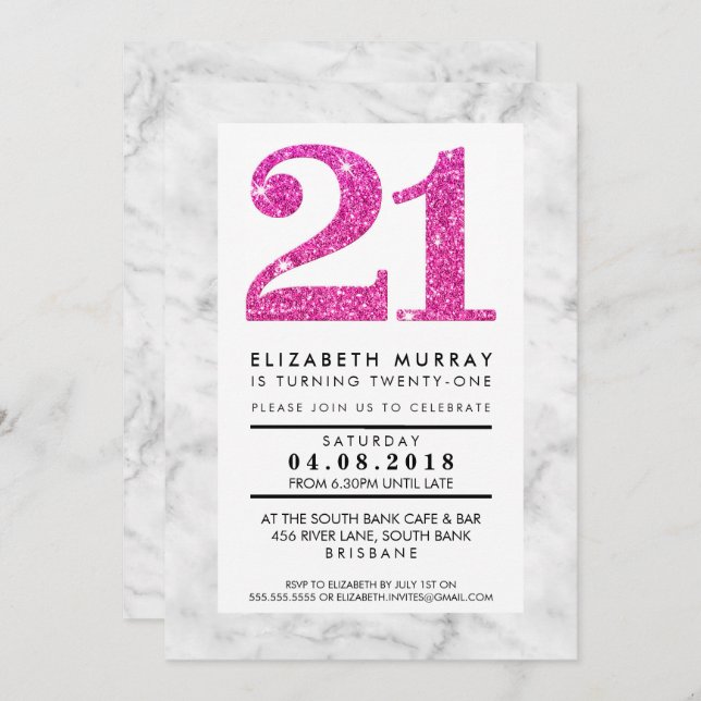 PINK GLITTER NUMBER 21 21st INVITE simple marble (Front/Back)