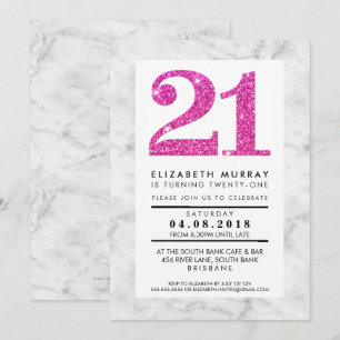 PINK GLITTER NUMBER 21 21st INVITE simple marble