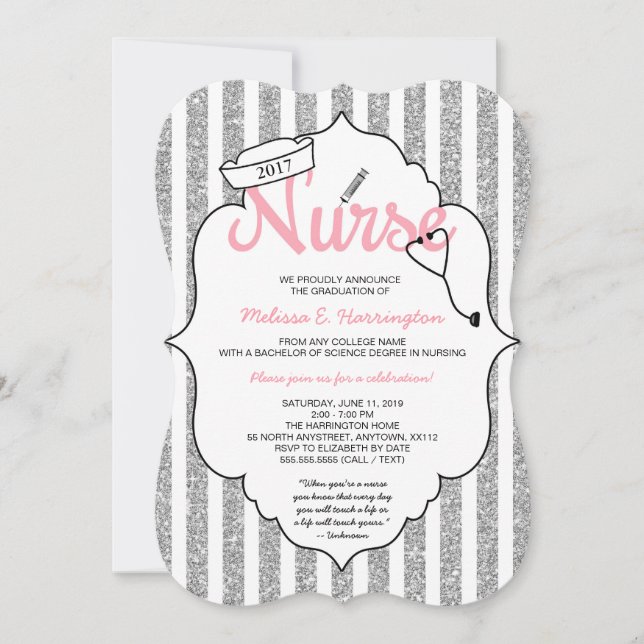 Pink Glitter Nurse graduation RN pinning ceremony Invitation (Front)