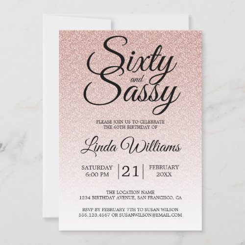 Pink Glitter Ombre 60 and Sassy 60th Birthday Invitation