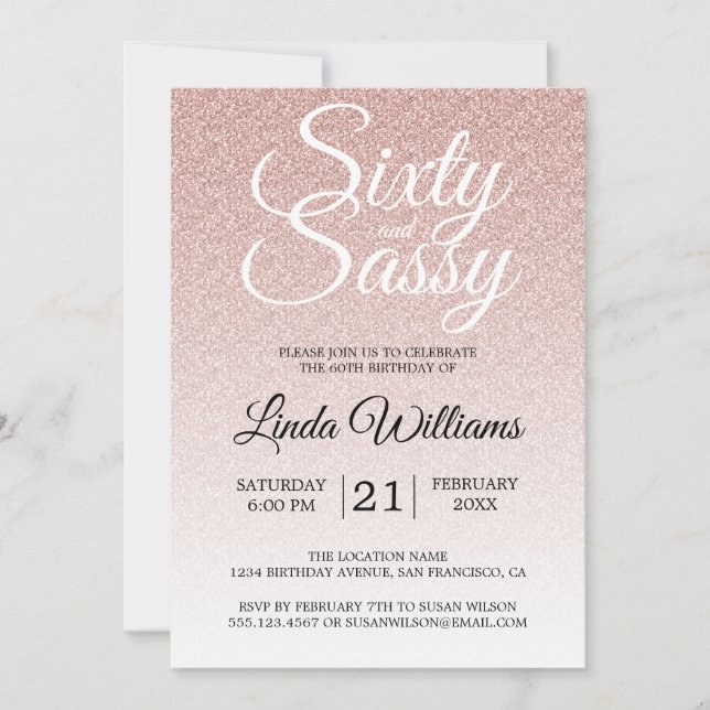 Pink Glitter Ombre 60 and Sassy 60th Birthday Invitation (Front)